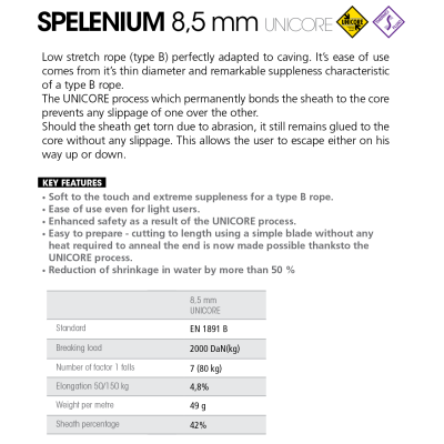 Beal Spelenium 8.5mm Unicore Semi Static Rope White Per Meter